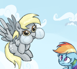 Size: 453x402 | Tagged: safe, artist:plunger, derpibooru import, derpy hooves, rainbow dash, pegasus, pony, drawthread, duo, female, flying, mare, ponified, ponified animal photo, puffy cheeks, requested art