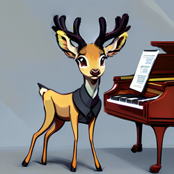 Size: 1024x1024 | Tagged: safe, ai content, derpibooru import, editor:paracompact, generator:stable diffusion, machine learning assisted, oc, oc only, oc:bon vivant, deer, reindeer, fanfic:bug in a blizzard, clothes, deer oc, fanfic art, musical instrument, non-pony oc, piano, sheet music, simple background, solo, story in the source, suit