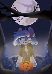 Size: 2894x4093 | Tagged: safe, artist:snowflake_pone, derpibooru import, oc, pony, undead, unicorn, vampire, zombie, clothes, clown, commission, costume, cute, halloween, halloween costume, halloween ych, holiday, moon, pumpkin, tree, witch, your character here