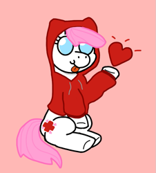 Size: 571x631 | Tagged: safe, derpibooru import, nurse redheart, earth pony, pony, :p, clothes, heart, hoodie, mlem, no pupils, silly, simple background, sitting, tongue, tongue out