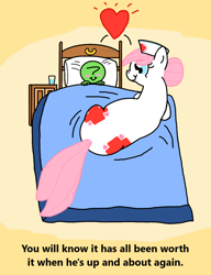 Size: 990x1288 | Tagged: safe, derpibooru import, nurse redheart, oc, oc:anon, earth pony, human, pony, bed, both cutie marks, cute, heart, heartabetes, simple background, wholesome