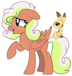 Size: 1280x1353 | Tagged: safe, artist:princess-kitsune-tsu, derpibooru import, oc, oc only, pegasus, pony, rabbit, animal, base used, chest freckles, female, freckles, hair over one eye, mare, offspring, open mouth, parent:big macintosh, parent:fluttershy, parents:fluttermac, pet oc, raised hoof, raised leg, simple background, smiling, traditional art, transparent background