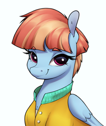 Size: 2309x2725 | Tagged: safe, artist:aquaticvibes, derpibooru import, windy whistles, pegasus, pony, bust, clothes, female, looking at you, mare, portrait, shirt, simple background, smiling, smiling at you, solo, white background