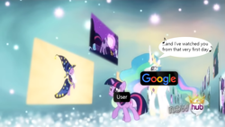 Size: 1135x640 | Tagged: safe, derpibooru import, edit, edited screencap, screencap, carrot top, golden harvest, linky, princess celestia, shoeshine, twilight sparkle, twinkleshine, unicorn twilight, alicorn, unicorn, magical mystery cure, season 3, duo, female, google, logo, meme