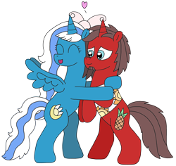 Size: 2536x2389 | Tagged: safe, artist:supahdonarudo, derpibooru import, oc, oc only, oc:fleurbelle, oc:ironyoshi, alicorn, unicorn, bipedal, bow, clothes, female, heart, hug, male, mare, shirt, simple background, stallion, transparent background