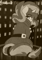 Size: 1780x2544 | Tagged: safe, artist:llametsul, derpibooru import, sunset shimmer, pony, unicorn, annoyed, belt, city, clothes, dress, looking at you, looking back, looking back at you, monochrome, signature, skirt, solo