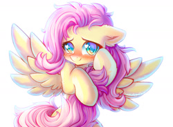 Size: 1270x935 | Tagged: safe, artist:chaosangeldesu, derpibooru import, fluttershy, pegasus, pony, unicorn, blushing, cute, daaaaaaaaaaaw, ears, female, floppy ears, heart, heart eyes, looking at you, mare, shyabetes, simple background, smiling, solo, white background, wingding eyes