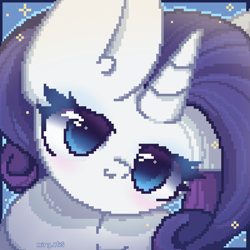 Size: 2000x2000 | Tagged: safe, artist:miryelis, derpibooru import, rarity, pony, unicorn, big ears, big eyes, blushing, cute, ears, horn, looking at you, pixel art, simple background, smiling, smiling at you, solo, sparkles