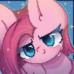 Size: 2000x2000 | Tagged: safe, artist:miryelis, derpibooru import, pinkie pie, earth pony, pony, big ears, big eyes, ears, looking at you, pinkamena diane pie, pixel art, simple background, smiling, smiling at you, solo, sparkles