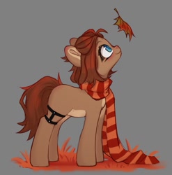 Size: 671x680 | Tagged: safe, artist:shelti, derpibooru import, oc, earth pony, pony, clothes, female, leaf, looking up, mare, scarf, smiling, solo, striped scarf