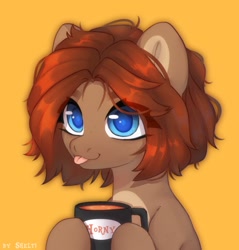 Size: 651x680 | Tagged: safe, artist:shelti, derpibooru import, oc, oc only, earth pony, pony, :p, female, food, mare, mug, tea, tongue, tongue out