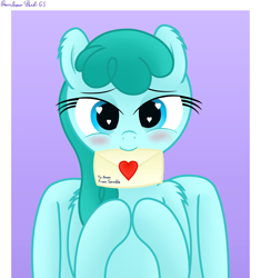 Size: 2880x3068 | Tagged: safe, artist:rainbowšpekgs, derpibooru import, spring melody, sprinkle medley, pegasus, pony, bedroom eyes, blushing, bronybait, cute, female, heart, heart eyes, letter, looking at you, love letter, loving gaze, mare, mouth hold, smiling, solo, wingding eyes