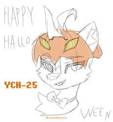 Size: 1531x1655 | Tagged: safe, artist:stormcloud, derpibooru import, oc, pony, advertisement, any gender, any race, bowtie, bust, chest fluff, commission, halloween, happy halloween, holiday, jack-o-lantern, looking at you, portrait, pumpkin, pumpkin head, simple background, smiling, smiling at you, smug, solo, white background, your character here