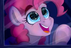 Size: 1280x873 | Tagged: safe, artist:rutkotka, derpibooru import, pinkie pie, earth pony, pony, against glass, fanfic art, female, glass, mare, open mouth, open smile, smiling, solo, starry eyes, underhoof, window, wingding eyes