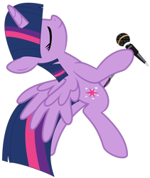 Size: 2745x3259 | Tagged: safe, artist:masami-rose-sav, artist:twilyisbestpone, derpibooru import, twilight sparkle, twilight sparkle (alicorn), alicorn, pony, base used, beautiful, bipedal, cute, eyes closed, female, mare, microphone, pegasus wings, performance, pretty, simple background, smiling, solo, spread wings, standing, transparent background, twiabetes, wings