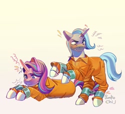Size: 2749x2500 | Tagged: safe, artist:junkochi_, derpibooru import, starlight glimmer, trixie, pony, unicorn, ankle cuffs, clothes, commission, commissioner:rainbowdash69, cuffed, cuffs, frustrated, horn, horn ring, never doubt rainbowdash69's involvement, prison outfit, prisoner, ring, sad
