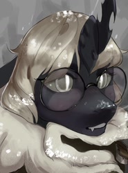 Size: 1072x1446 | Tagged: safe, artist:cadillacdynamite, derpibooru import, oc, changeling, changeling queen, equestria at war mod, blushing, changeling queen oc, female, fur coat, glasses, snow, solo, white changeling