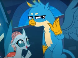 Size: 1003x756 | Tagged: safe, derpibooru import, screencap, gallus, ocellus, changedling, changeling, griffon, school raze, cropped, duo, female, gallus is not amused, looking at you, male, unamused