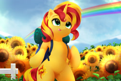 Size: 2700x1800 | Tagged: safe, artist:darksly, derpibooru import, sunset shimmer, pony, unicorn, :p, backpack, bag, bipedal, cute, female, fence, flower, grass, mare, rainbow, shimmerbetes, solo, sunflower, tongue, tongue out