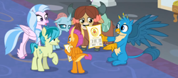 Size: 1136x499 | Tagged: safe, derpibooru import, screencap, gallus, ocellus, sandbar, silverstream, smolder, yona, changedling, changeling, classical hippogriff, dragon, earth pony, griffon, hippogriff, pony, yak, friendship university, bow, cloven hooves, colored hooves, cropped, dragoness, female, hair bow, jewelry, male, monkey swings, necklace, school of friendship, student six, teenager