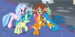 Size: 1019x505 | Tagged: safe, derpibooru import, screencap, gallus, ocellus, sandbar, silverstream, smolder, yona, changedling, changeling, classical hippogriff, dragon, earth pony, griffon, hippogriff, pony, yak, friendship university, bow, cloven hooves, colored hooves, cropped, dragoness, female, hair bow, male, monkey swings, school of friendship, student six, teenager
