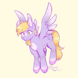 Size: 2048x2048 | Tagged: safe, artist:grumpimoon, derpibooru import, derpy hooves, pegasus, pony, alternate color palette, colored hooves, female, flying, mare, simple background, smiling, solo, wings, yellow background