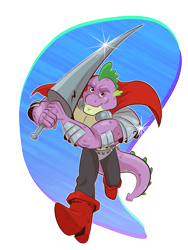 Size: 1600x2128 | Tagged: safe, artist:saturdaymorningproj, derpibooru import, spike, dragon, adult, adult spike, armor, beefspike, cape, clothes, gigachad spike, knight, knight spike, lance, male, muscles, muscular male, older, older spike, running, simple background, solo, transparent background, weapon