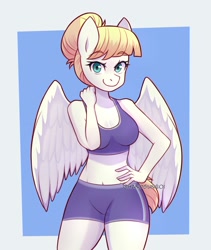 Size: 1700x2013 | Tagged: safe, artist:handgunboi, derpibooru import, summer breeze, oc, anthro, pegasus, anthro oc, breasts, cleavage, clothes, commission, compression shorts, eyebrows, eyebrows visible through hair, female, friendship student, hand on hip, looking at you, mare, midriff, shorts, smiling, smiling at you, sports bra