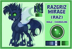 Size: 1280x879 | Tagged: safe, artist:missbramblemele, derpibooru import, oc, oc:razgriz mirage, changeling, male, reference sheet, solo