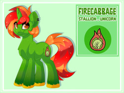 Size: 1280x955 | Tagged: safe, artist:missbramblemele, derpibooru import, oc, oc:fire cabbage, pony, unicorn, male, reference sheet, solo, stallion