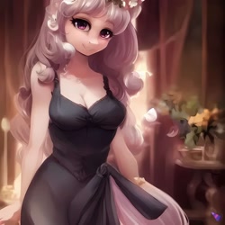 Size: 2048x2048 | Tagged: safe, derpibooru import, generator:stable diffusion, machine learning generated, oc, oc only, anthro, earth pony, breasts, cleavage, clothes, cute, dress, flower, flower in hair, looking at you, smiling, smiling at you, solo