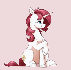 Size: 3359x3308 | Tagged: safe, artist:aquaticvibes, derpibooru import, oc, oc only, oc:haemella, pony, unicorn, female, looking to side, looking to the right, mare, profile, simple background, sitting, smiling, solo