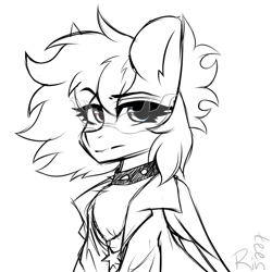 Size: 2000x2000 | Tagged: source needed, useless source url, safe, artist:rinteen, derpibooru import, pegasus, pony, bust, clothes, collar, eye clipping through hair, eyebrows, eyebrows visible through hair, looking at you, raised eyebrow, signature, simple background, sketch, solo, spiked collar, white background