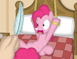 Size: 1026x778 | Tagged: safe, artist:porygon2z, derpibooru import, pinkie pie, earth pony, pony, bed, feather, fetish, hand, imminent tickles, open mouth, rope, scared, tickle torture, tickling, tied to bed, underhoof
