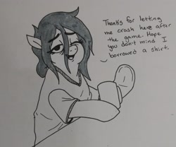 Size: 2048x1700 | Tagged: safe, artist:pony quarantine, derpibooru import, oc, oc only, oc:anon-mare, earth pony, pony, clothes, dialogue, female, grayscale, mare, monochrome, shirt, talking to viewer, traditional art, underhoof