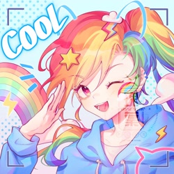 Size: 2000x2000 | Tagged: safe, artist:leafywind, derpibooru import, rainbow dash, human, anime, camera shot, clothes, cool, cute, dashabetes, face paint, hoodie, humanized, looking at you, obtrusive watermark, one eye closed, open mouth, open smile, smiling, watermark, wink, winking at you
