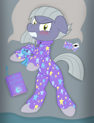 Size: 1556x2048 | Tagged: safe, artist:wingcommanderrudoji, derpibooru import, limestone pie, earth pony, pony, angry, bed, blushing, book, clothes, colored, ears, ears back, female, flat colors, floppy ears, footed sleeper, footie pajamas, gritted teeth, implied trixie, looking at you, mare, onesie, pajamas, pillow, playing card, plushie, solo, teeth