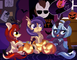 Size: 3299x2582 | Tagged: safe, artist:spookyle, derpibooru import, oc, oc only, oc:moonlit breeze, oc:pumpkin patch, oc:spookie, bat pony, kirin, pony, bat pony oc, female, halloween, holiday, jack-o-lantern, kirin oc, mare, michael myers, pumpkin