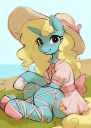 Size: 583x821 | Tagged: safe, artist:orchidpony, derpibooru import, oc, oc only, oc:seafoam breeze, pony, unicorn, clothes, dress, female, grass, hat, looking at you, mare, sandals, sitting, solo, sun hat