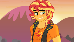 Size: 4000x2250 | Tagged: safe, artist:orin331, derpibooru import, sunset glare, sunset shimmer, human, equestria girls, clothes, equestria guys, geode of empathy, grin, leather, leather vest, looking away, magical geodes, male, rule 63, smiling, sun, sunset, sunset shimmer day, vest