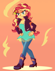 Size: 1700x2200 | Tagged: safe, artist:lifes-remedy, derpibooru import, sunset shimmer, equestria girls, boots, clothes, female, frown, hand on hip, high heel boots, pants, shoes, solo, unamused