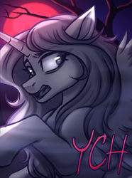 Size: 1657x2229 | Tagged: safe, artist:kannakiller, derpibooru import, oc, pony, auction, auction open, commission, digital art, fog, frightened, horn, looking back, moon, sketch, solo, wings, wood, ych example, ych sketch, your character here