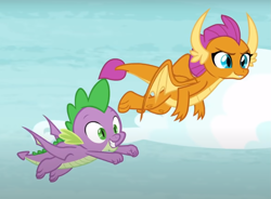 Size: 979x719 | Tagged: safe, derpibooru import, screencap, smolder, spike, dragon, father knows beast, cropped, dragoness, duo, female, flying, male, winged spike, wings