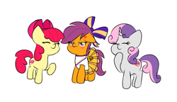 Size: 1735x1000 | Tagged: safe, artist:girlduog, derpibooru import, apple bloom, scootaloo, sweetie belle, earth pony, pegasus, pony, unicorn, apple bloom's bow, blushing, bow, cheerleader, cheerleader outfit, clothes, cross-popping veins, cutie mark crusaders, ears, emanata, eyes closed, female, filly, floppy ears, foal, hair bow, scootaloo is not amused, simple background, smiling, the cmc's cutie marks, tomboy, tomboy taming, trio, unamused, white background