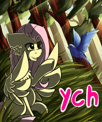 Size: 1576x1874 | Tagged: safe, artist:yuris, derpibooru import, oc, bird, pony, advertisement, auction, auction open, commission, cute, ear fluff, ears, ears back, forest, grass, smiling, solo, spread wings, tree, wings, ych sketch, your character here