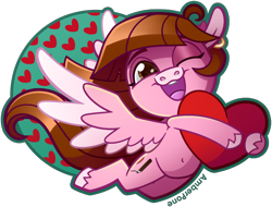 Size: 1164x886 | Tagged: safe, artist:amberpone, derpibooru import, oc, oc only, oc:shyfly, pegasus, pony, chibi, cute, digital, digital art, female, flying, gift art, happy, heart, mare, paint tool sai, pink fur, simple background, solo, transparent background, wings