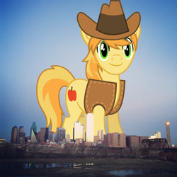 Size: 1600x1600 | Tagged: safe, artist:floppychiptunes, artist:jaredking779, derpibooru import, braeburn, earth pony, pony, clothes, dallas, giant pony, giant/macro earth pony, hat, highrise ponies, irl, macro, male, mega giant, photo, ponies in real life, smiling, solo, stallion, texas, vest