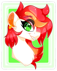 Size: 1046x1293 | Tagged: safe, artist:missbramblemele, derpibooru import, oc, oc only, pony, bust, chest fluff, ear piercing, earring, eye clipping through hair, eyebrows, eyebrows visible through hair, female, grin, jewelry, looking at you, mare, piercing, portrait, smiling, solo