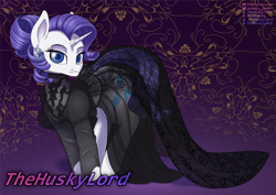 Size: 2543x1797 | Tagged: safe, artist:thehuskylord, derpibooru import, rarity, pony, unicorn, black dress, clothes, dress, embroidery, female, horn, jewelry, looking at you, mare, multiple variants, see-through, smiling, solo