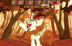 Size: 2064x1321 | Tagged: safe, artist:iknowpony, artist:not-yet-a-brony, derpibooru import, autumn blaze, kirin, 2022, a kirin tale, autumn, eyes closed, forest, open mouth, raised hoof, raised leg, september, singing, smiling, youtube link in the description